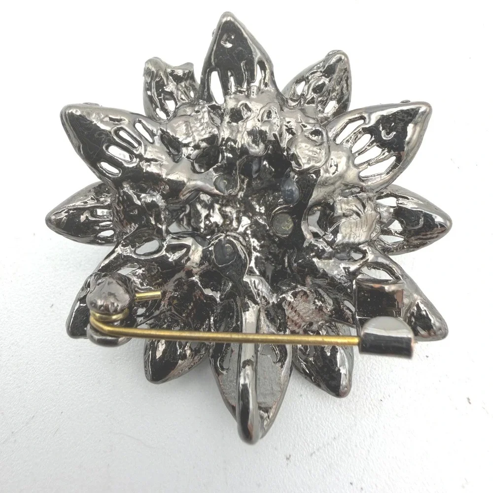 Vintage MCM BroochBlack Rhinestone Gunmetal Floral Pin 2in Gothic Whimsigoth